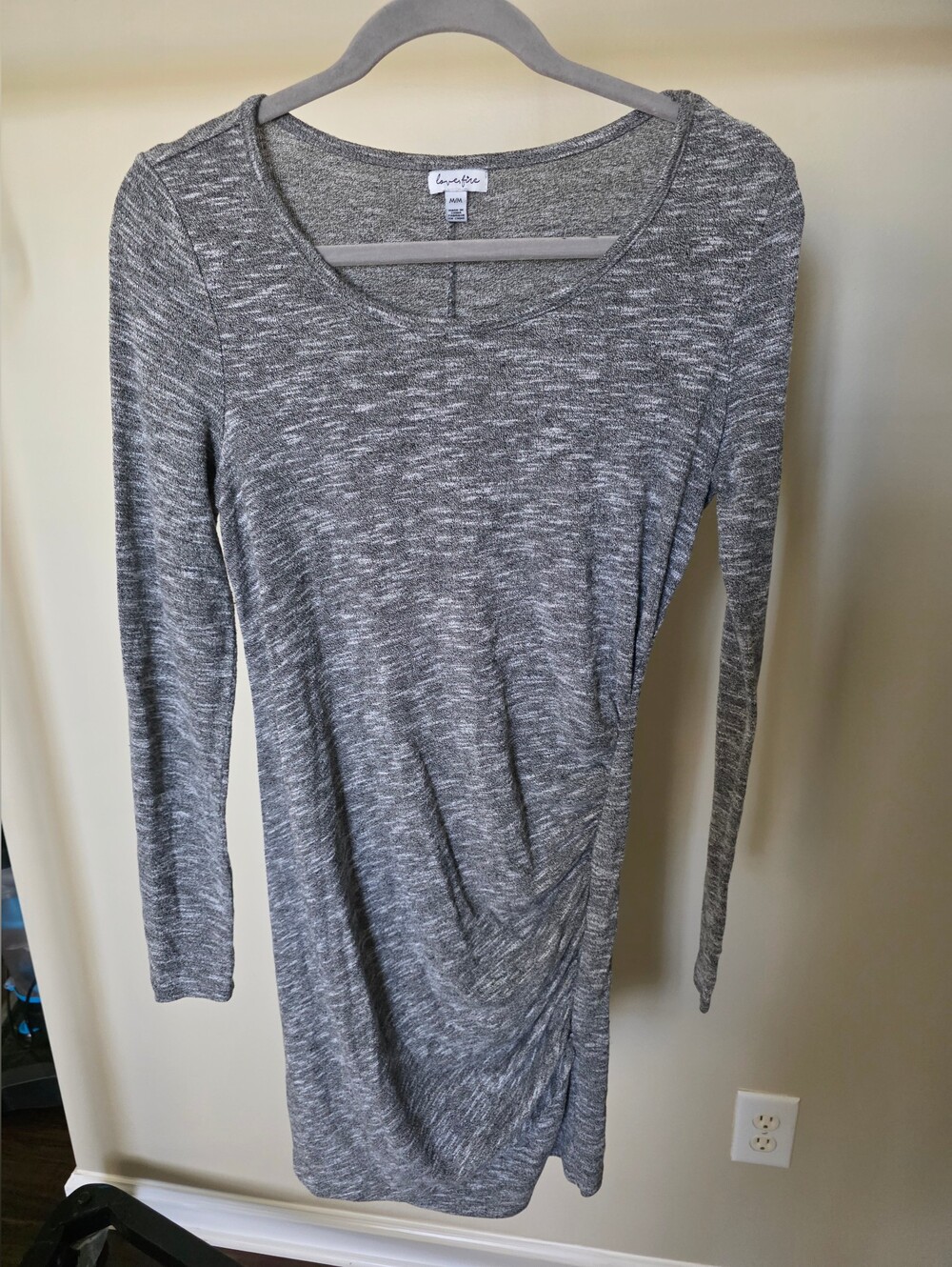 Love, Fire Women’s Medium Gray Ruched Asymmetrical Midi Dress Cowl Neck Stretch